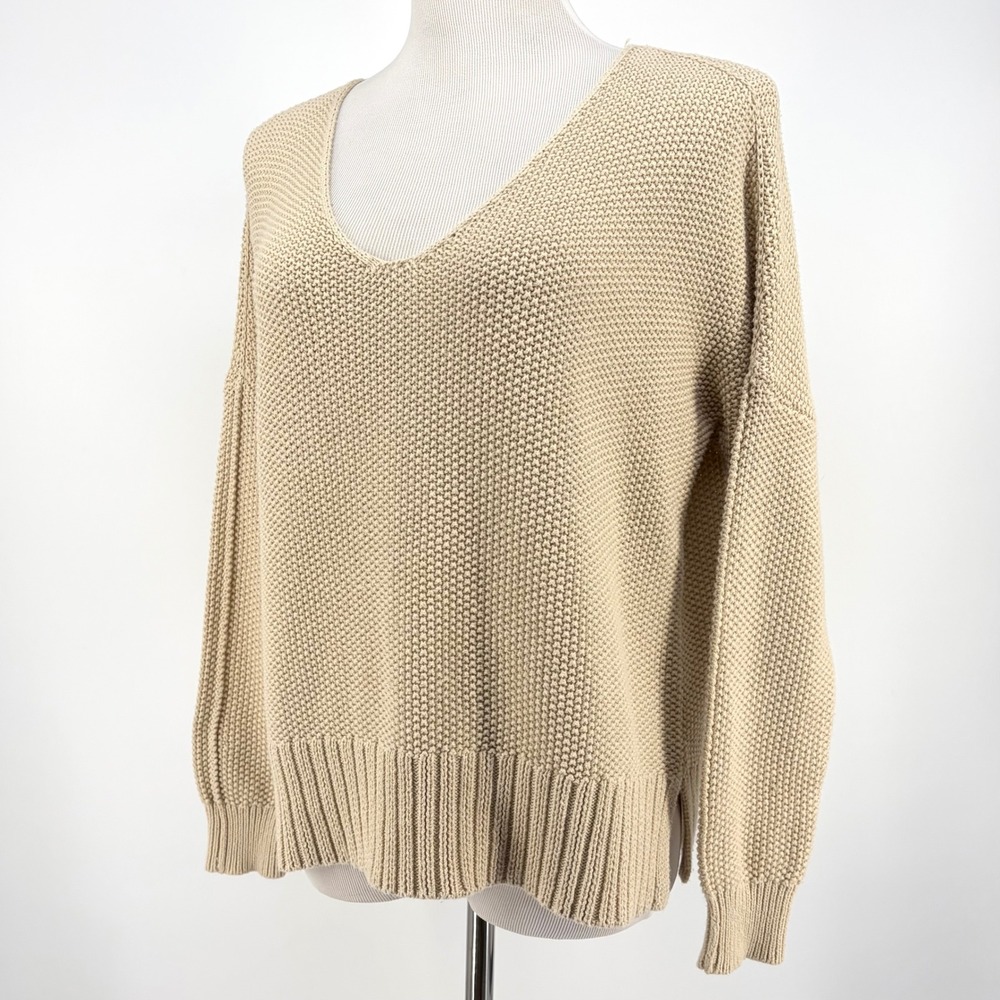 Lucky Brand Sweater V-Neck Popcorn Shaker Knit Beige Boho Coastal Neutral Small